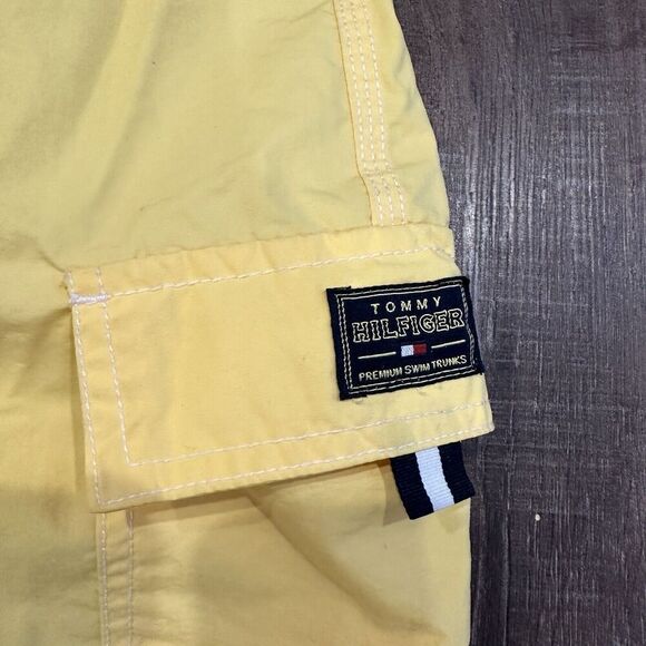 Lot 2 TOMMY HILFIGER mens Y2K yellow Green TOMMY FLAG Swim Trunks Shorts Large - Picture 9 of 12